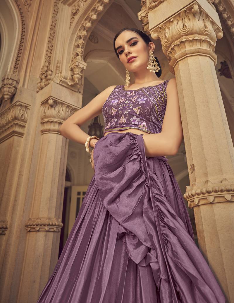 Purple thread embroidered with mirror work chinon semi stitched lehenga choli for women 