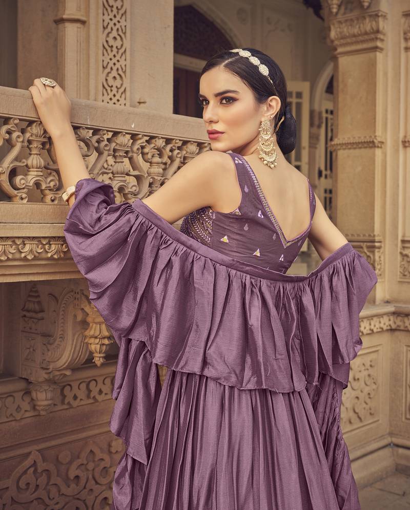 Purple thread embroidered with mirror work chinon semi stitched lehenga choli for women 