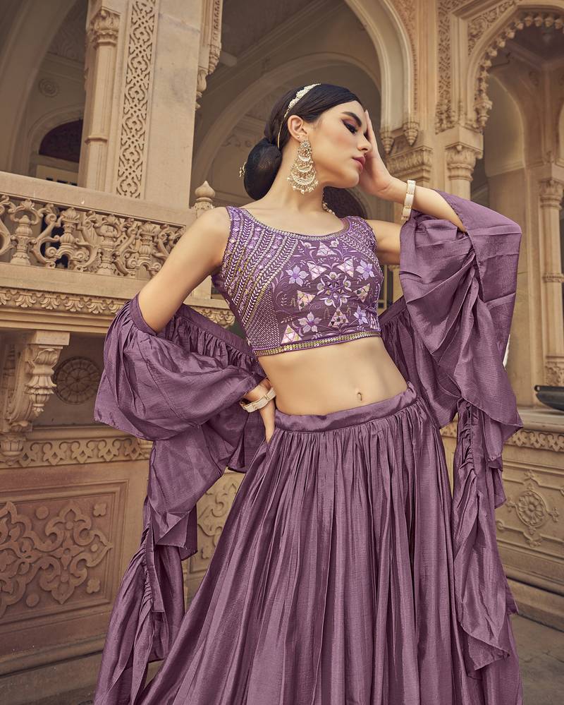 Purple thread embroidered with mirror work chinon semi stitched lehenga choli for women 