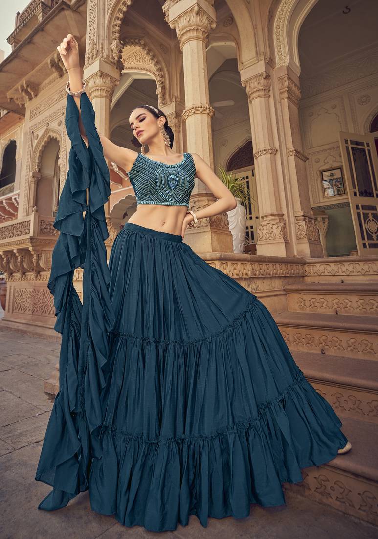 Blue thread embroidered with mirror work cotton semi stitched lehenga choli and dupatta
