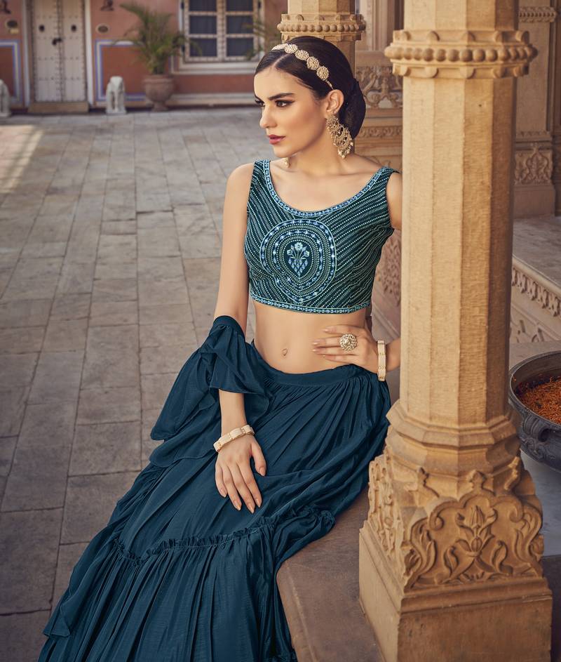 Blue thread embroidered with mirror work cotton semi stitched lehenga choli and dupatta
