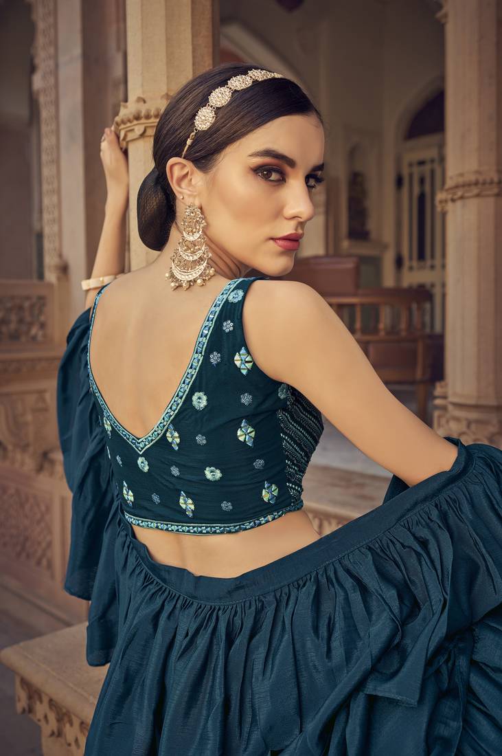 Blue thread embroidered with mirror work cotton semi stitched lehenga choli and dupatta