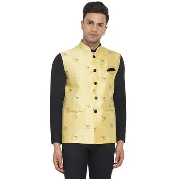 Yellow printed jacquard nehru-jacket 1