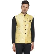 Yellow printed jacquard nehru-jacket