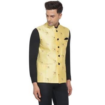 Yellow printed jacquard nehru-jacket 2