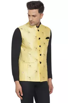 Yellow printed jacquard nehru-jacket