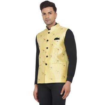 Yellow printed jacquard nehru-jacket 3