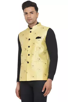 Yellow printed jacquard nehru-jacket