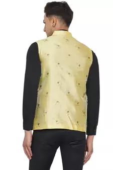 Yellow printed jacquard nehru-jacket