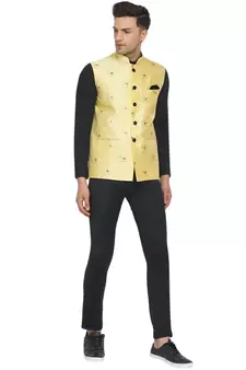 Yellow printed jacquard nehru-jacket