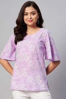 Womens Lavender-Coloured Bell Sleeve Floral Print Top