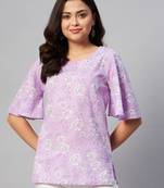 Womens Lavender-Coloured Bell Sleeve Floral Print Top