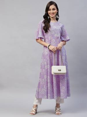 Womens Lavender floral Printed Anarkali Kurta 5