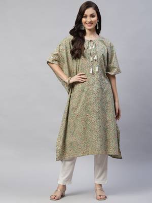 Green Womens Pure Cotton Floral Print Kaftan Kurta 1