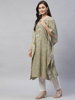 Green Womens Pure Cotton Floral Print Kaftan Kurta 2