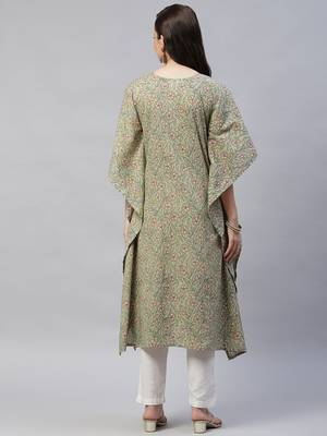 Green Womens Pure Cotton Floral Print Kaftan Kurta 3