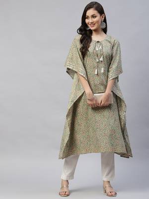 Green Womens Pure Cotton Floral Print Kaftan Kurta 4