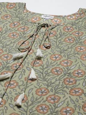 Green Womens Pure Cotton Floral Print Kaftan Kurta 5