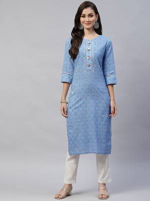 Womens Blue Gotta Patti Floral Print Straight Kurta 1