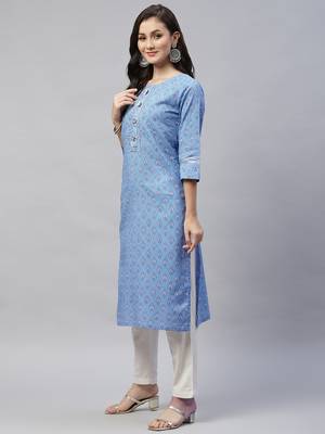 Womens Blue Gotta Patti Floral Print Straight Kurta 4