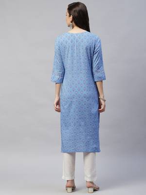 Womens Blue Gotta Patti Floral Print Straight Kurta 5