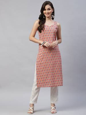 Womens Peach Printed Strappy Straight Kurta 1
