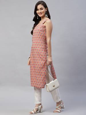 Womens Peach Printed Strappy Straight Kurta 3