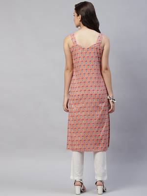 Womens Peach Printed Strappy Straight Kurta 4
