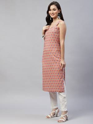 Womens Peach Printed Strappy Straight Kurta 5