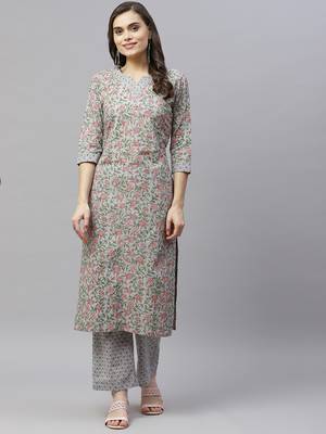 Women's Cotton Floral Print Straight Kurti Palazzo Set 1
