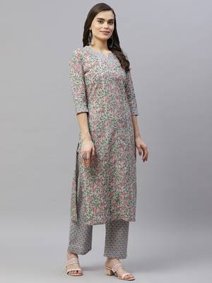 Women's Cotton Floral Print Straight Kurti Palazzo Set 4