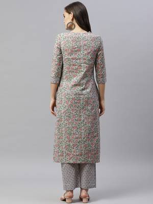 Women's Cotton Floral Print Straight Kurti Palazzo Set 5