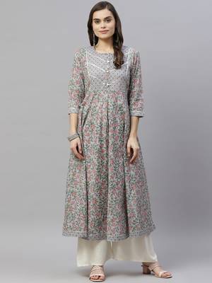 Womens Floral Print Ankle Length Anarkali Kurti 1
