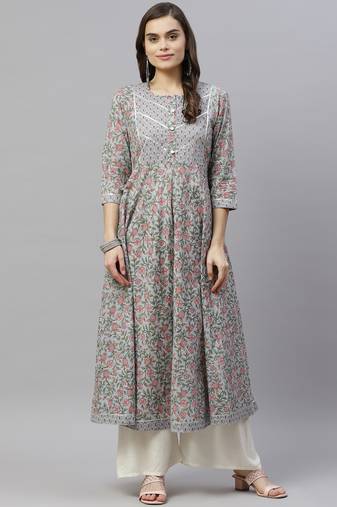 Womens Floral Print Ankle Length Anarkali Kurti
