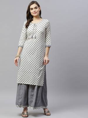 Women's Cotton Straight Floral Printed Kurta Palazzo Salwar Suit Set With Dori Tassels 1