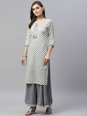 Women's Cotton Straight Floral Printed Kurta Palazzo Salwar Suit Set With Dori Tassels 4