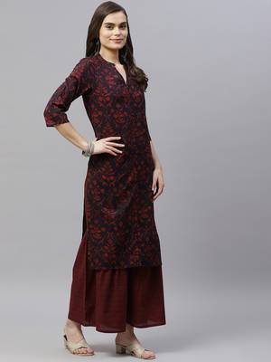 Women's Cotton Floral Print Straight Kurta Sharara Dupatta Set 3