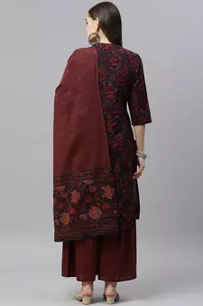 Women's Cotton Floral Print Straight Kurta Sharara Dupatta Set