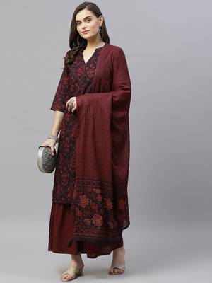Women's Cotton Floral Print Straight Kurta Sharara Dupatta Set 5