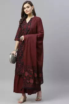 Women's Cotton Floral Print Straight Kurta Sharara Dupatta Set