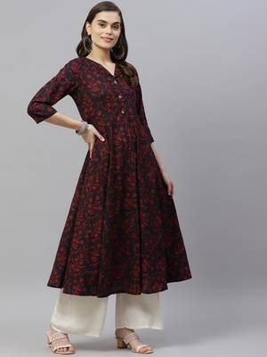 Women's Cotton Floral Print Anarkali Kurta Dress for Girl's 3