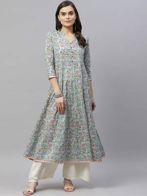 Women's Pure Cotton Floral Print Long Anarkali Kurta Dress 1