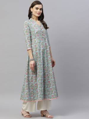 Women's Pure Cotton Floral Print Long Anarkali Kurta Dress 3