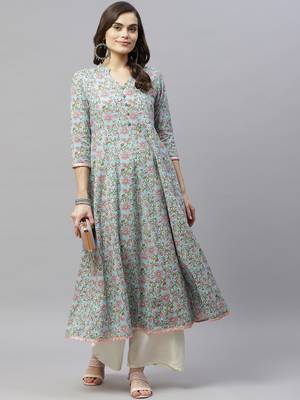 Women's Pure Cotton Floral Print Long Anarkali Kurta Dress 5