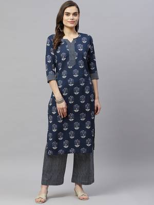 Women's Pure Cotton Floral Print Straight Kurta Palazzo Pant salwar suit Set 1