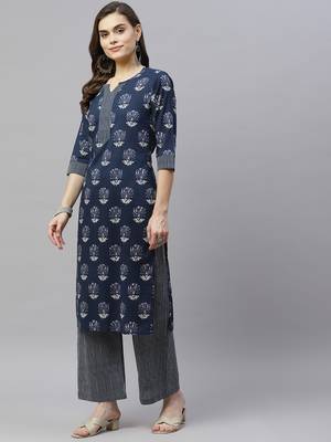Women's Pure Cotton Floral Print Straight Kurta Palazzo Pant salwar suit Set 3