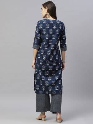 Women's Pure Cotton Floral Print Straight Kurta Palazzo Pant salwar suit Set 4