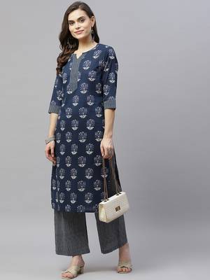Women's Pure Cotton Floral Print Straight Kurta Palazzo Pant salwar suit Set 5