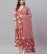 Womens Cotton Floral Print Anarkali Kurta with Dupatta