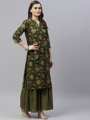 Womens Cotton Floral Print Straight Kurta Sharara Dupatta Set 4